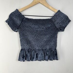 River Island Blue Smocked Off Shoulder Crop Top Ruffle Stretch UK 14 US 10